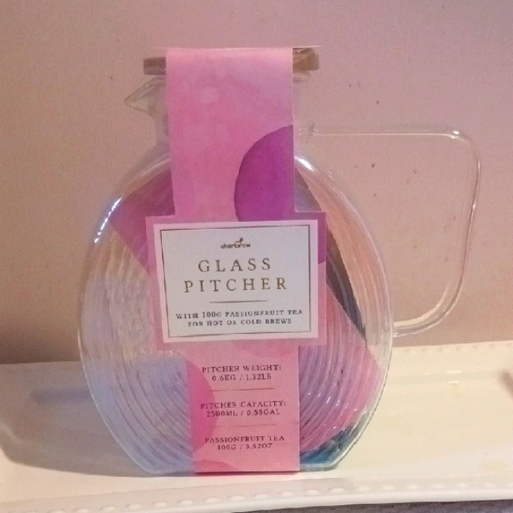 Ribbed Botosilicate Pink Glass Pitcher with Passionfruit Tea -Hot & Cold  2500ml